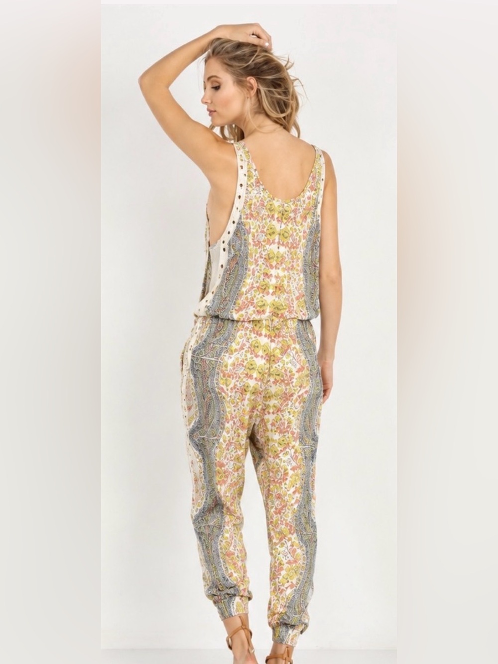 Cleobella Sleeveless Paisley Print Jumpsuit in Beige, Green & Pink Size XS